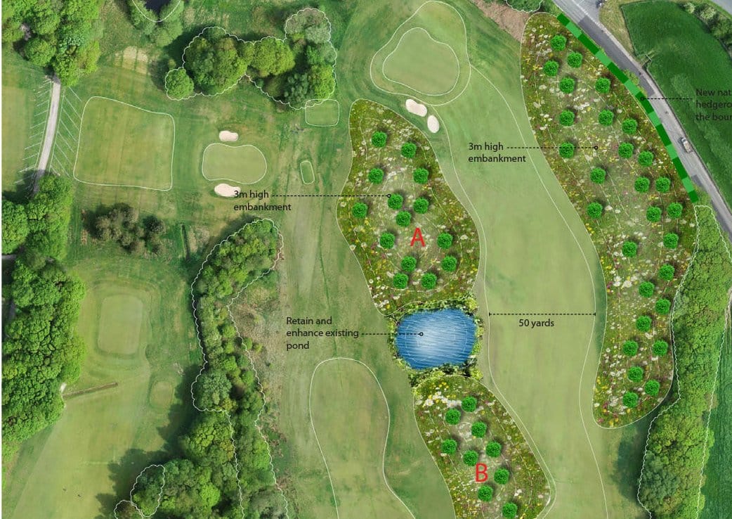 Illustrative concept view of a remodelled golf hole with new landform and tree planting.