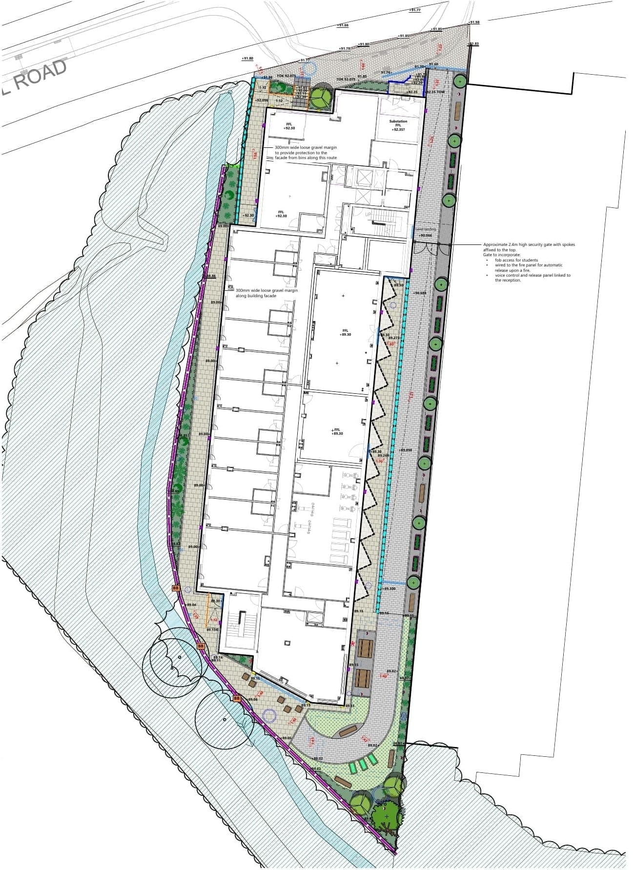 A series of shared amenity spaces associated with a student accommodation development, providing varied and welcoming landscape for residents, combining social spaces, planting and wildflower areas.