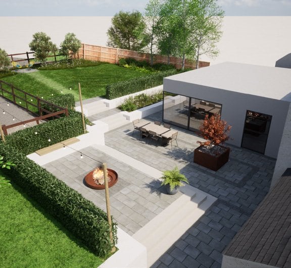 Raised patio with a fire pit and integrated seating, enclosed by clipped hedges adjacent to the outbuilding.