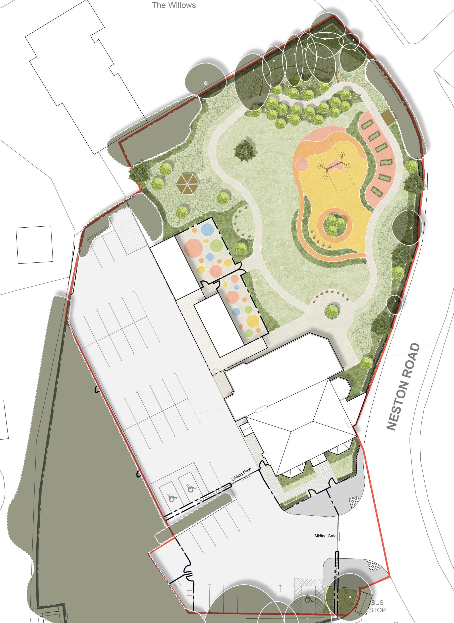 Landscape masterplan for the Neston Road SEN school showing outdoor classrooms, play areas, a growing garden and retained boundary planting.
