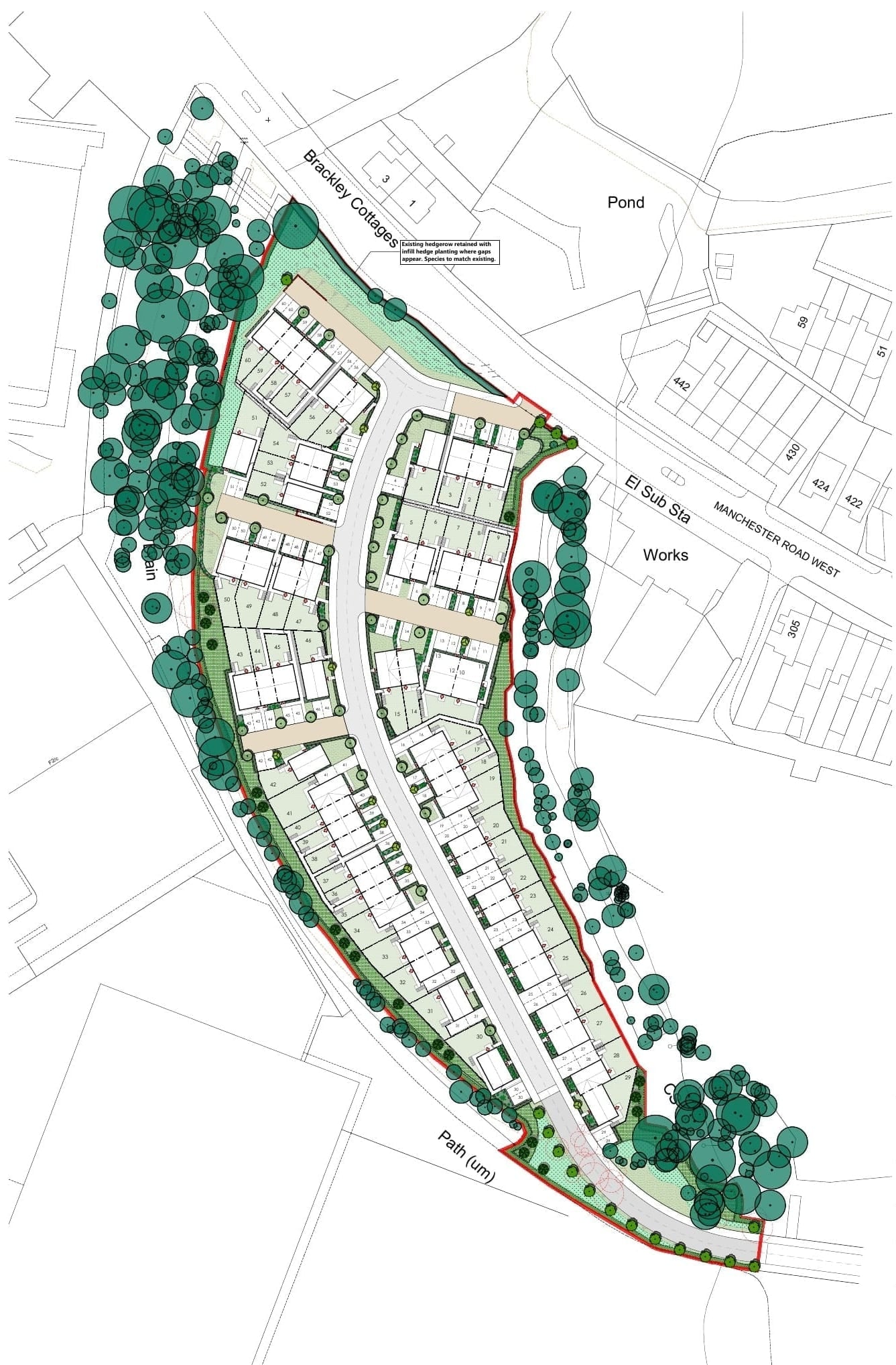Landscape masterplan for a new build housing development located off Manchester Road, Over Hulton. The development comprises 60 homes along a central street framed by retained woodland, hedgerows and wildflower meadow.