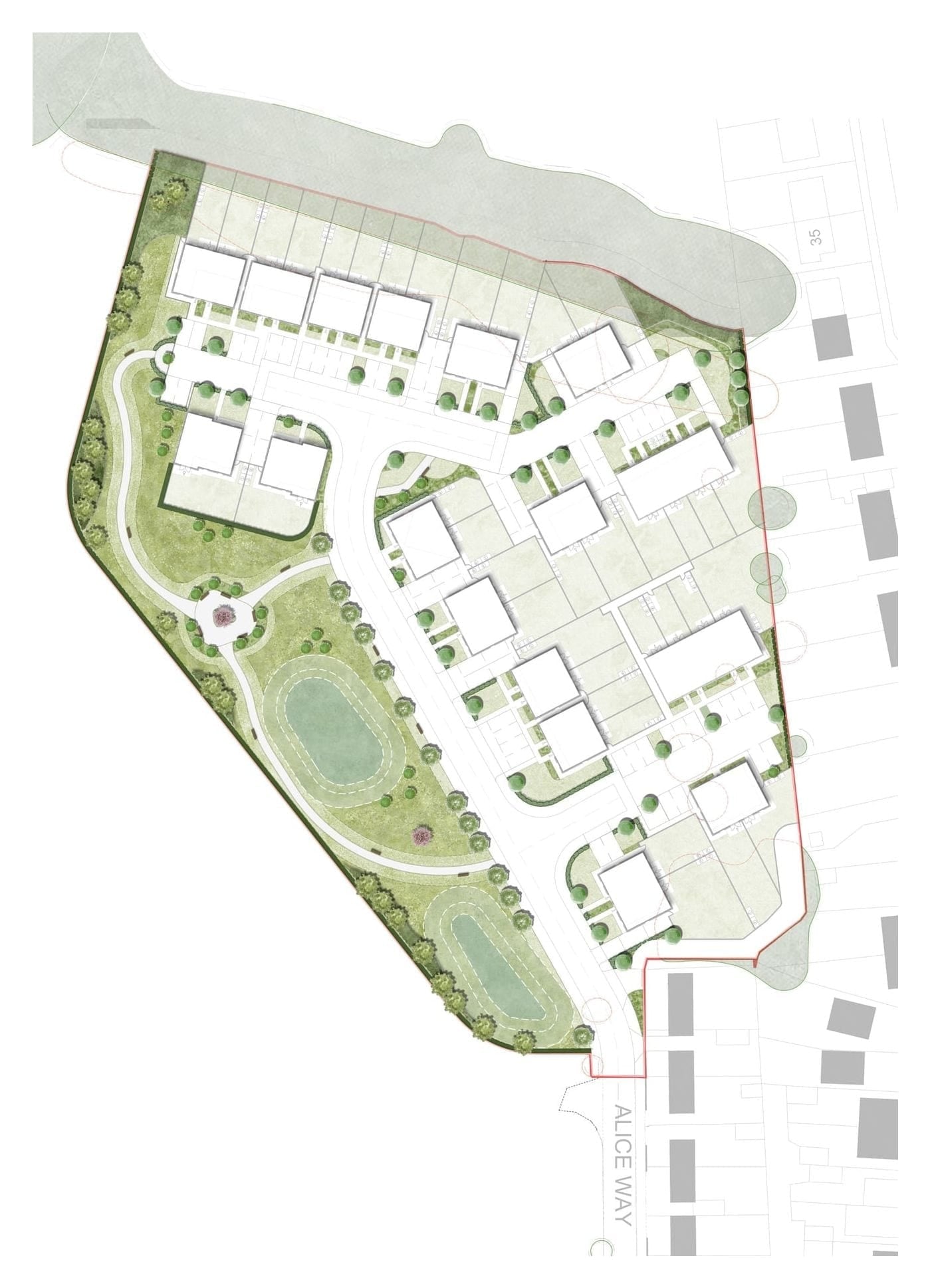 Illustrative landscape proposal for Alice Way, Unstone, showing homes around a central street beside a broad green corridor with looping paths, trees and planted edges.