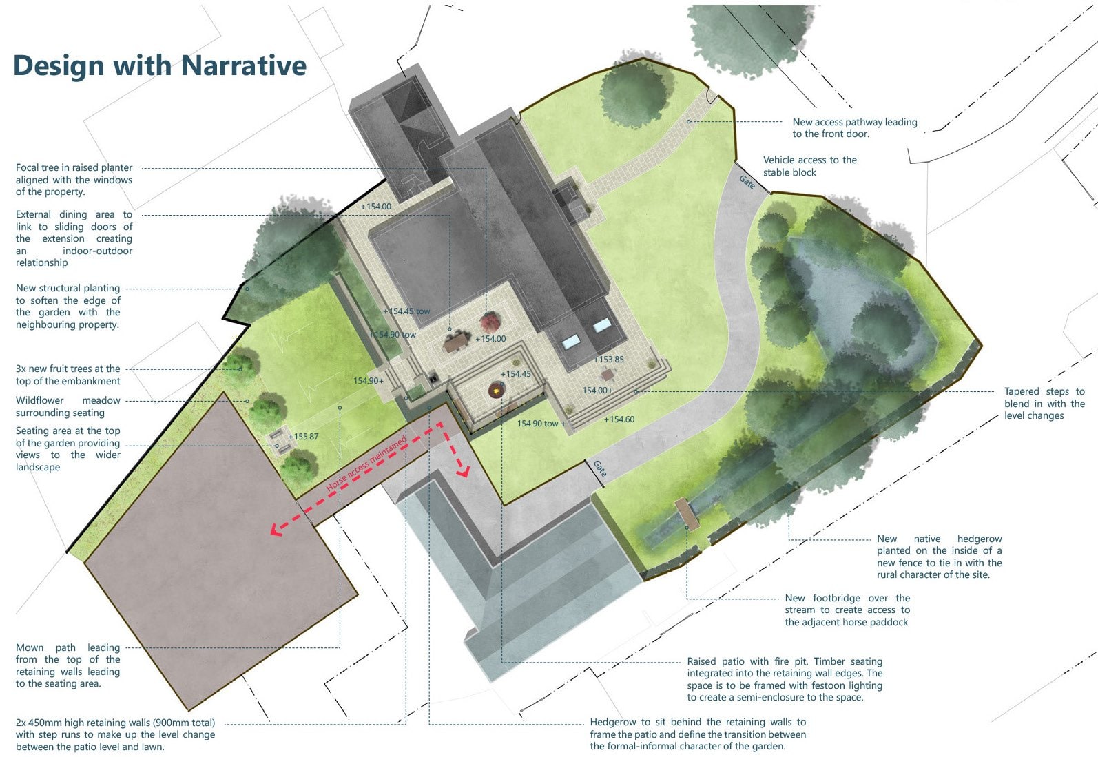 Annotated design with narrative plan for the scheme in Anglezarke, illustrating the terraces, wildflower meadow and stepped access.